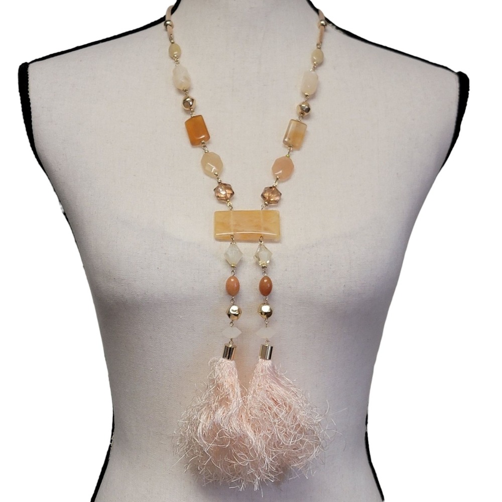 C1946 Beaded Tassel Statement Necklace Orange Boho Coastal Cowgirl Festival